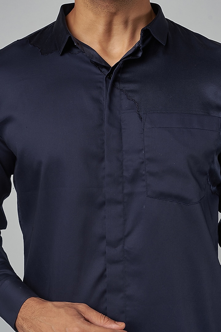 Midnight Blue Cotton & Silk Party Wear Shirt by 28 Moons at Pernia's Pop Up Shop