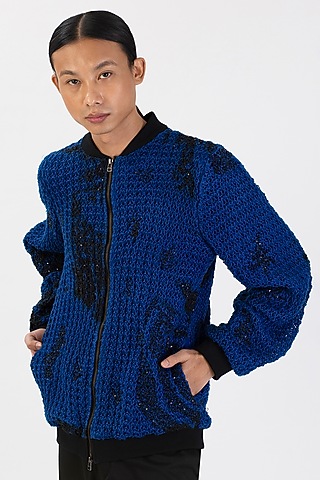 Navy Blue Linen Hand-Dyed Bomber Jacket by 28 Moons