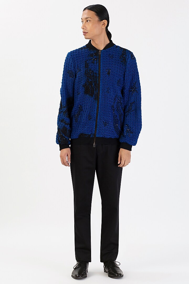 Navy Blue Linen Hand-Dyed Bomber Jacket by 28 Moons at Pernia's Pop Up Shop