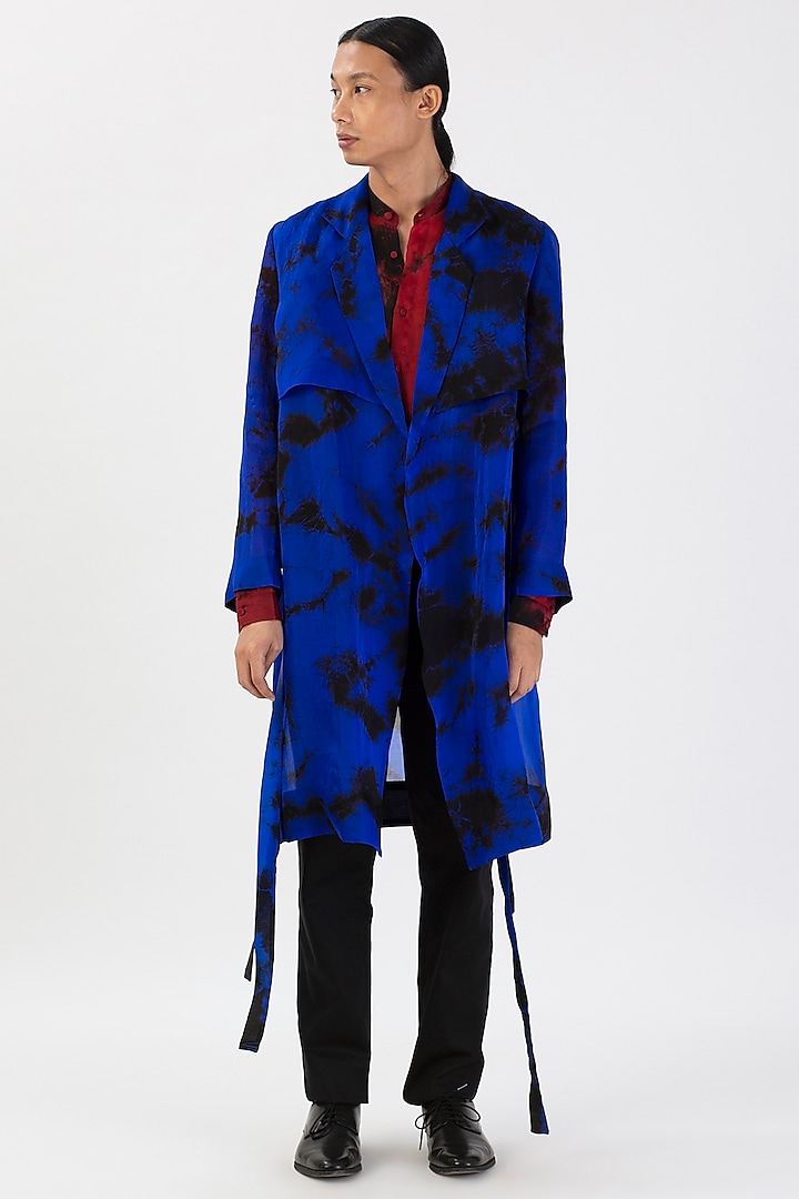 Blue Pure Silk Hand-Dyed Sheer Trench Coat by 28 Moons