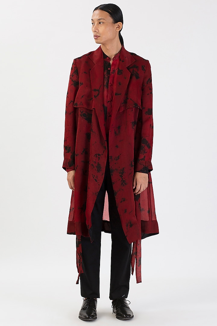 Red Pure Silk Hand-Dyed Sheer Trench Coat by 28 Moons