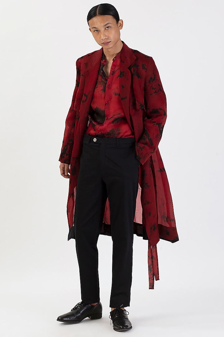 Red Pure Silk Hand-Dyed Sheer Trench Coat by 28 Moons at Pernia's Pop Up Shop