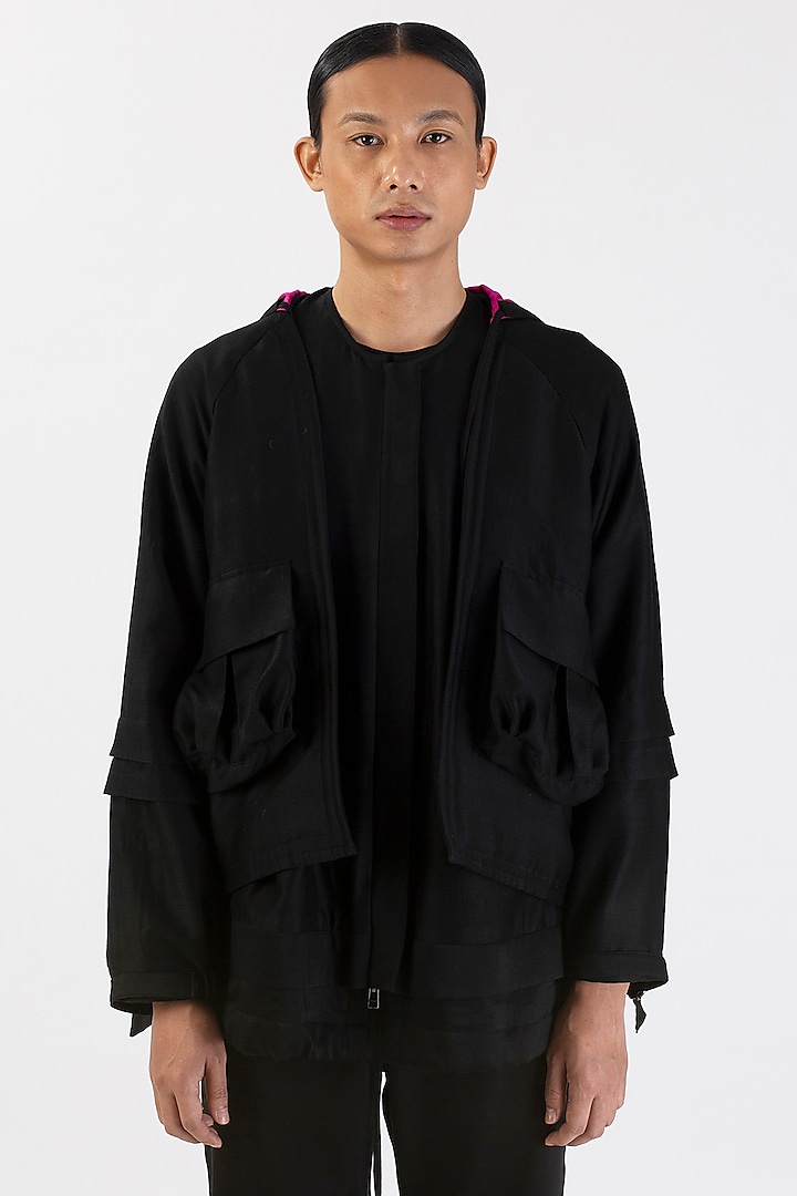 Black Handwoven Silk Wool Layered Jacket by 28 Moons
