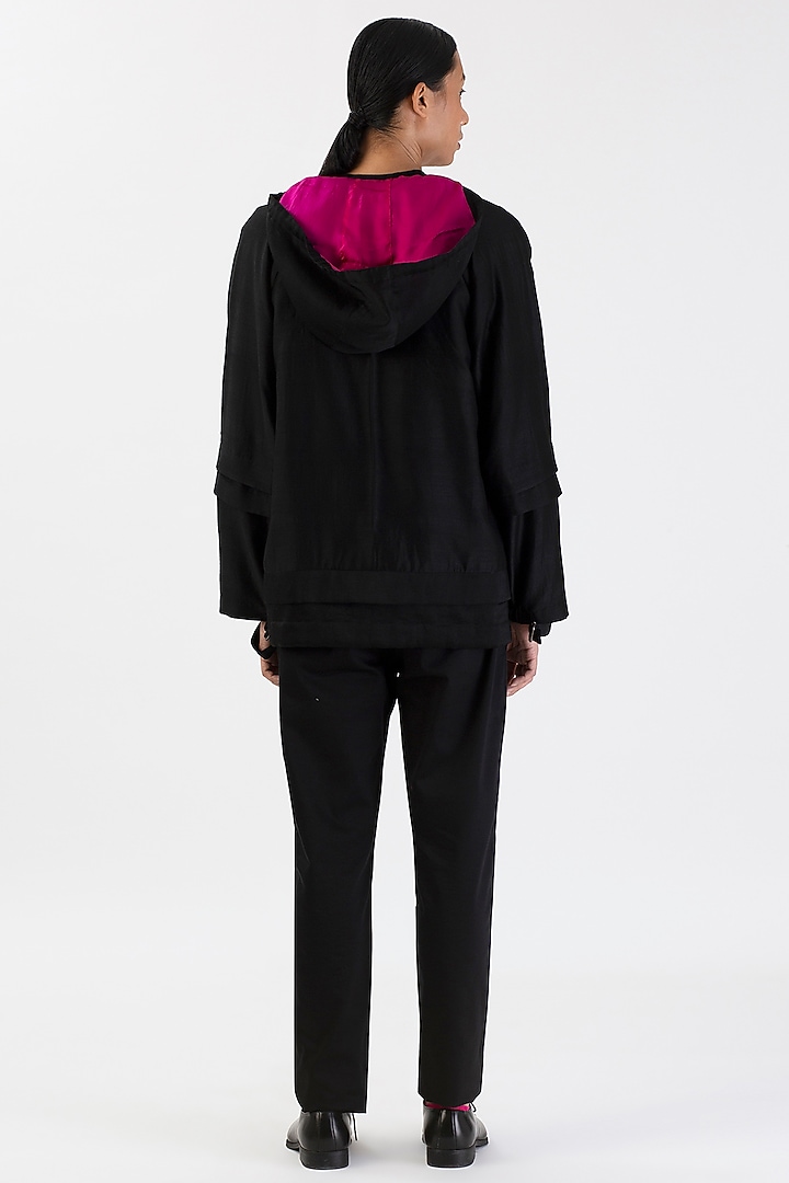 Black Handwoven Silk Wool Layered Jacket by 28 Moons at Pernia's Pop Up Shop