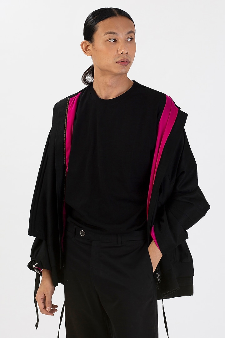 Black Handwoven Silk Wool Layered Jacket by 28 Moons at Pernia's Pop Up Shop