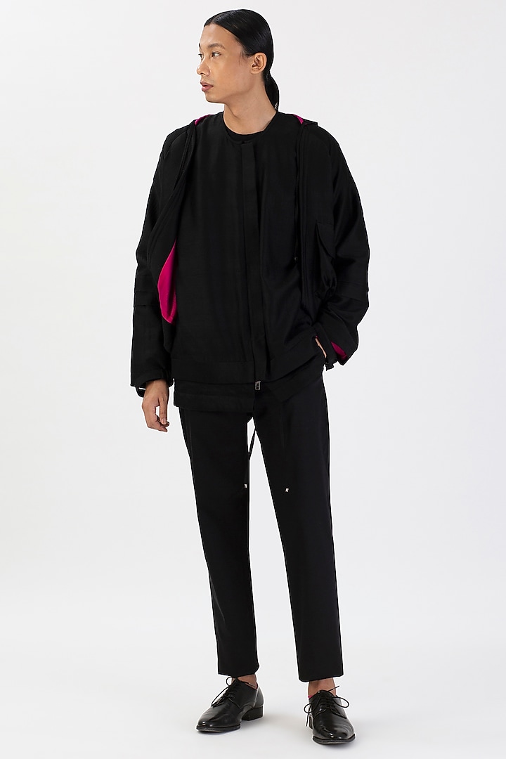 Black Handwoven Silk Wool Layered Jacket by 28 Moons at Pernia's Pop Up Shop