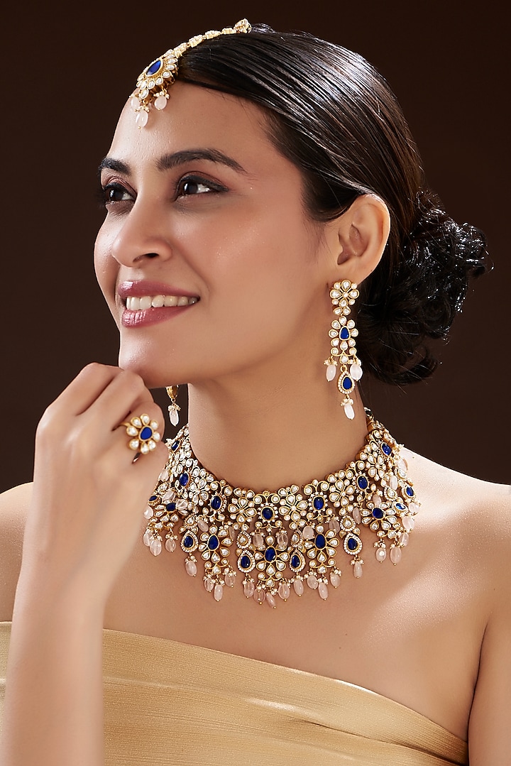 Gold Finish Blue Kundan Polki & Semi-Precious Stone Necklace Set by Mortantra