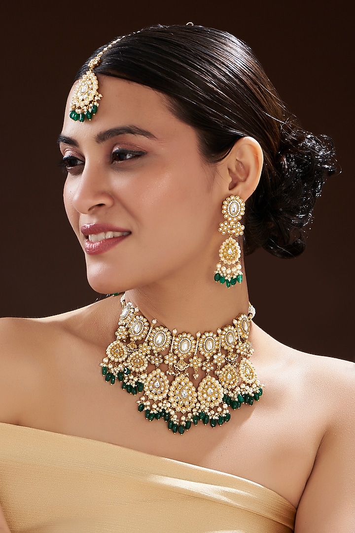 Gold Finish Yellow Kundan Polki & Semi-Precious Stone Necklace Set by Mortantra at Pernia's Pop Up Shop