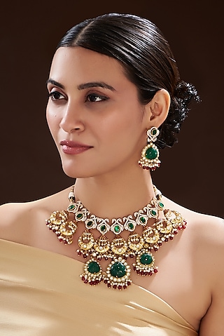 Gold Finish Green Kundan Polki & Semi-Precious Stone Necklace Set by Mortantra