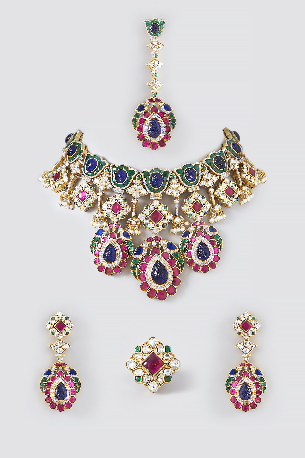 Gold Finish Multi-Colored Kundan Polki & Semi-Precious Stone Necklace Set by Mortantra