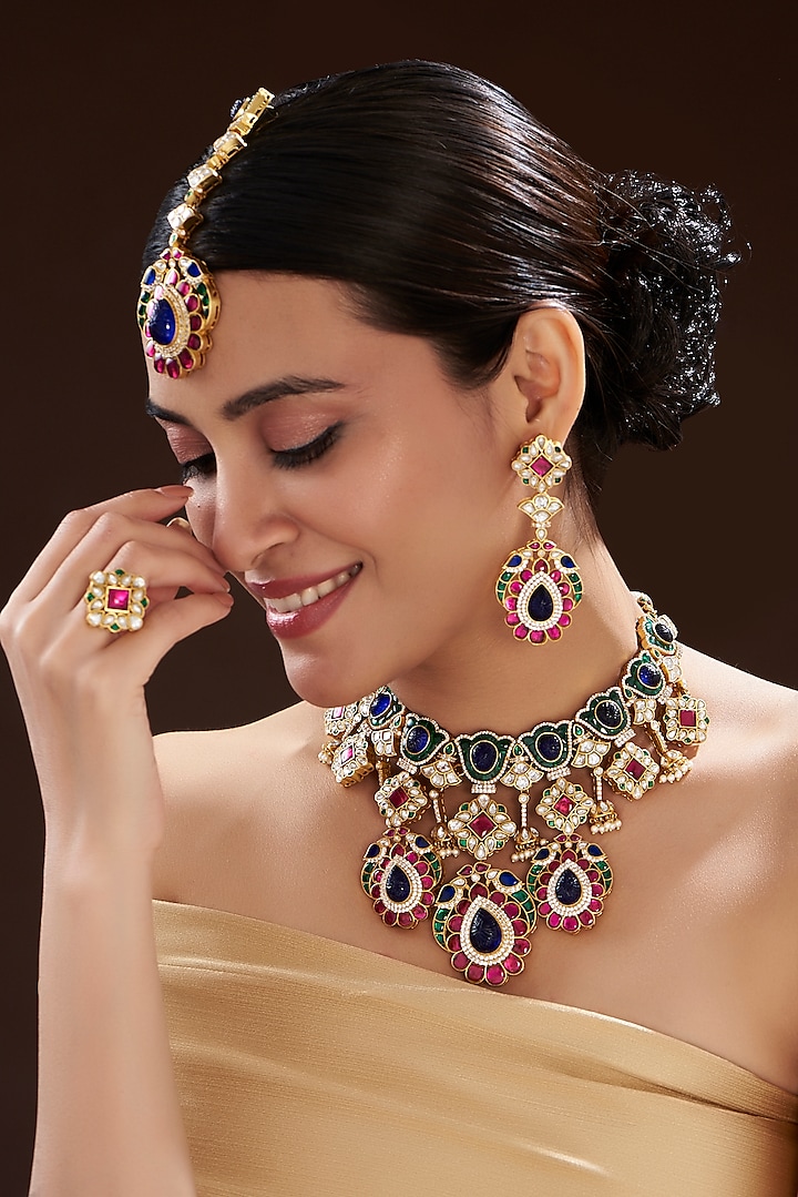 Gold Finish Multi-Colored Kundan Polki & Semi-Precious Stone Necklace Set by Mortantra