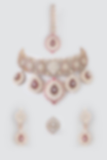 Gold Finish Red Kundan Polki & Semi-Precious Stone Necklace Set by Mortantra