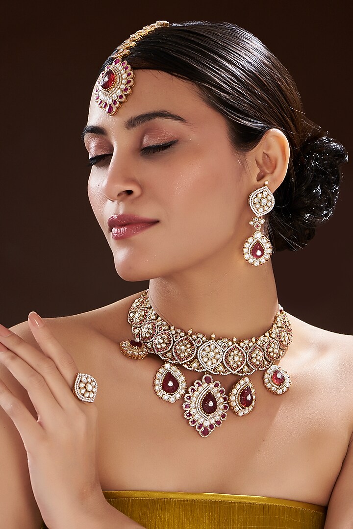Gold Finish Red Kundan Polki & Semi-Precious Stone Necklace Set by Mortantra at Pernia's Pop Up Shop