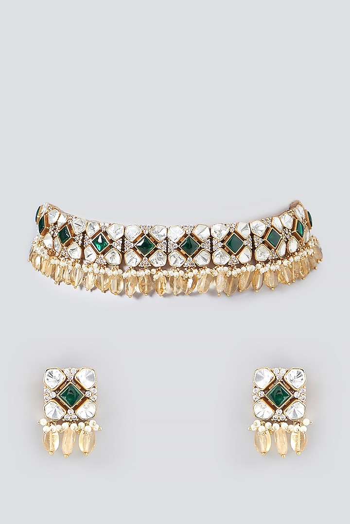Gold Finish Green Kundan Polki & Semi-Precious Stone Necklace Set by Mortantra at Pernia's Pop Up Shop