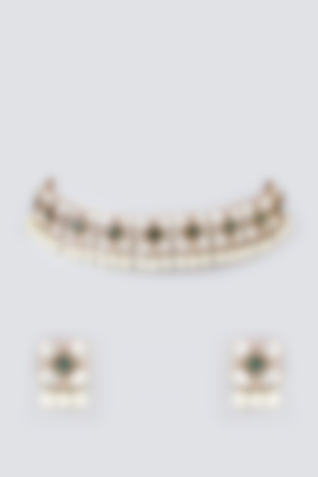 Gold Finish Kundan Polki & Semi-Precious Stone Necklace Set by Mortantra