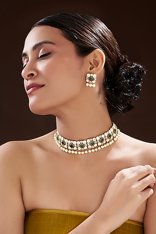 Gold Finish Kundan Polki & Semi-Precious Stone Necklace Set by Mortantra