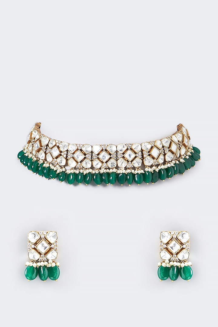 Gold Finish Yellow Kundan Polki & Semi-Precious Stone Necklace Set by Mortantra at Pernia's Pop Up Shop