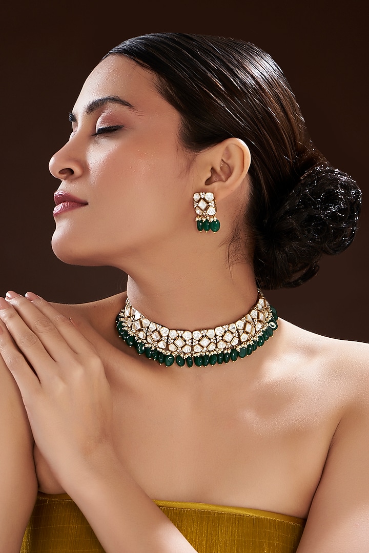 Gold Finish Yellow Kundan Polki & Semi-Precious Stone Necklace Set by Mortantra at Pernia's Pop Up Shop