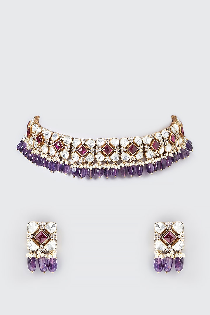 Gold Finish Pink Kundan Polki & Semi-Precious Stone Necklace Set by Mortantra at Pernia's Pop Up Shop