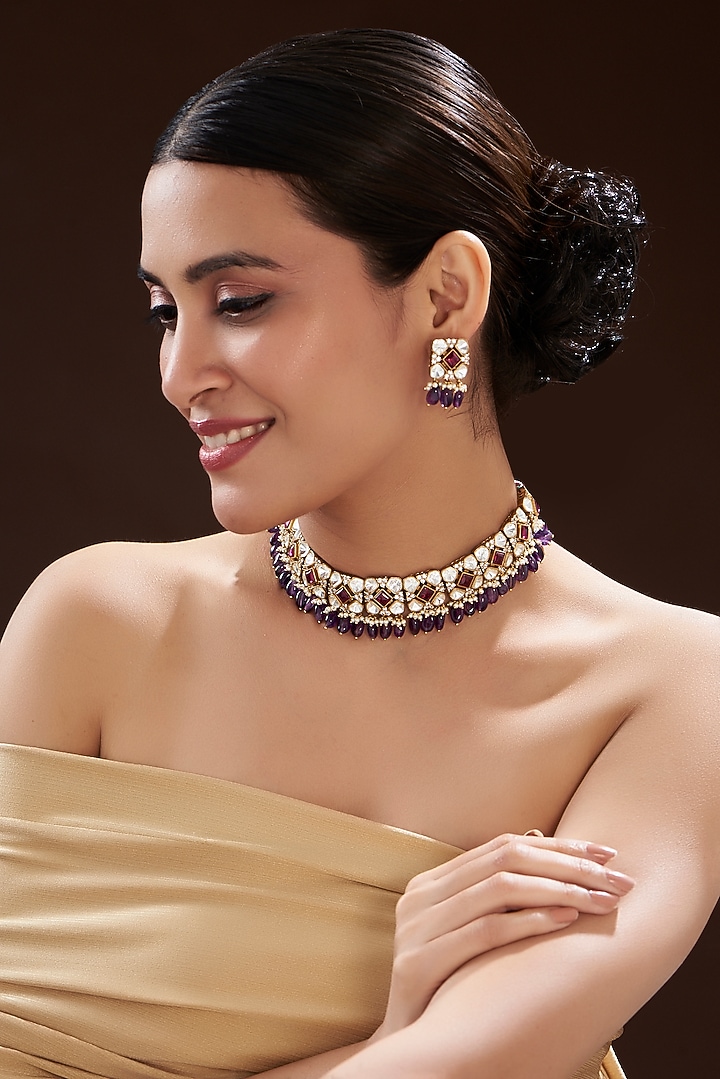 Gold Finish Pink Kundan Polki & Semi-Precious Stone Necklace Set by Mortantra at Pernia's Pop Up Shop