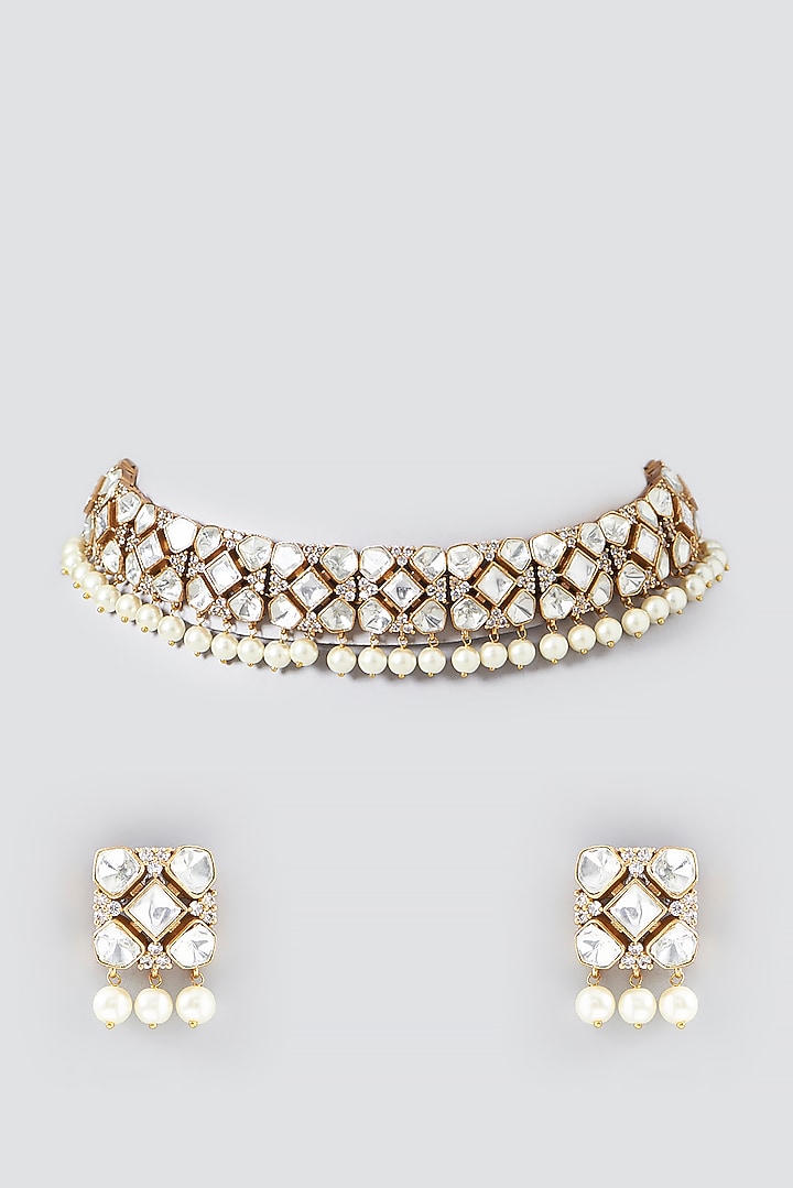 Gold Finish White Kundan Polki & Semi-Precious Stone Necklace Set by Mortantra at Pernia's Pop Up Shop