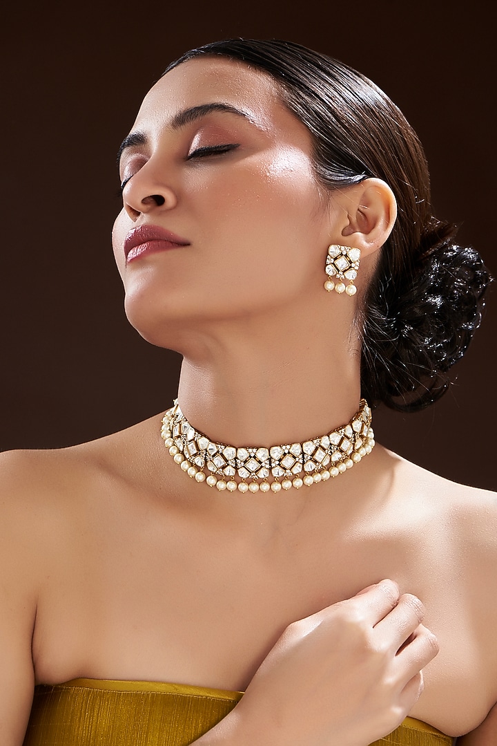Gold Finish White Kundan Polki & Semi-Precious Stone Necklace Set by Mortantra at Pernia's Pop Up Shop