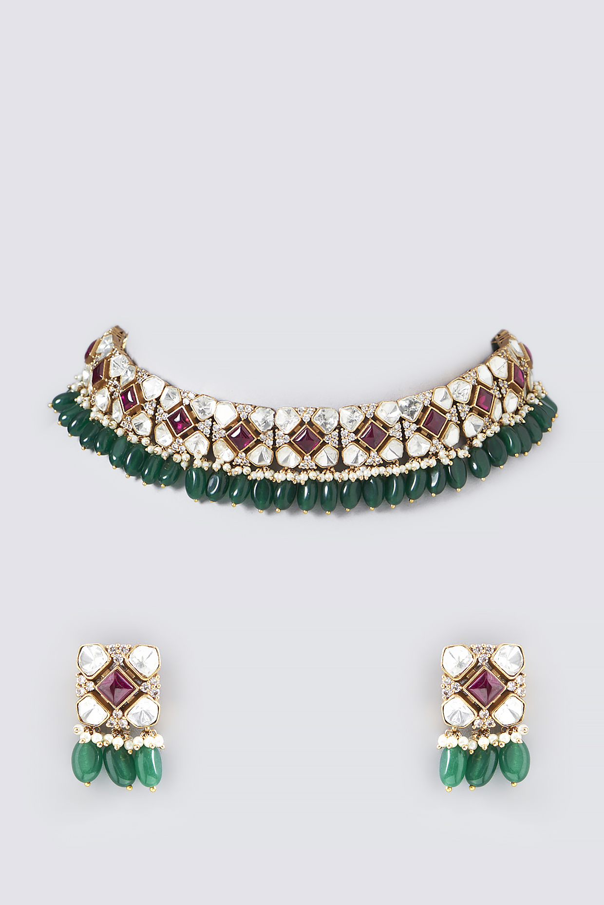 Gold Finish Pink Kundan Polki & Semi-Precious Stone Necklace Set by Mortantra