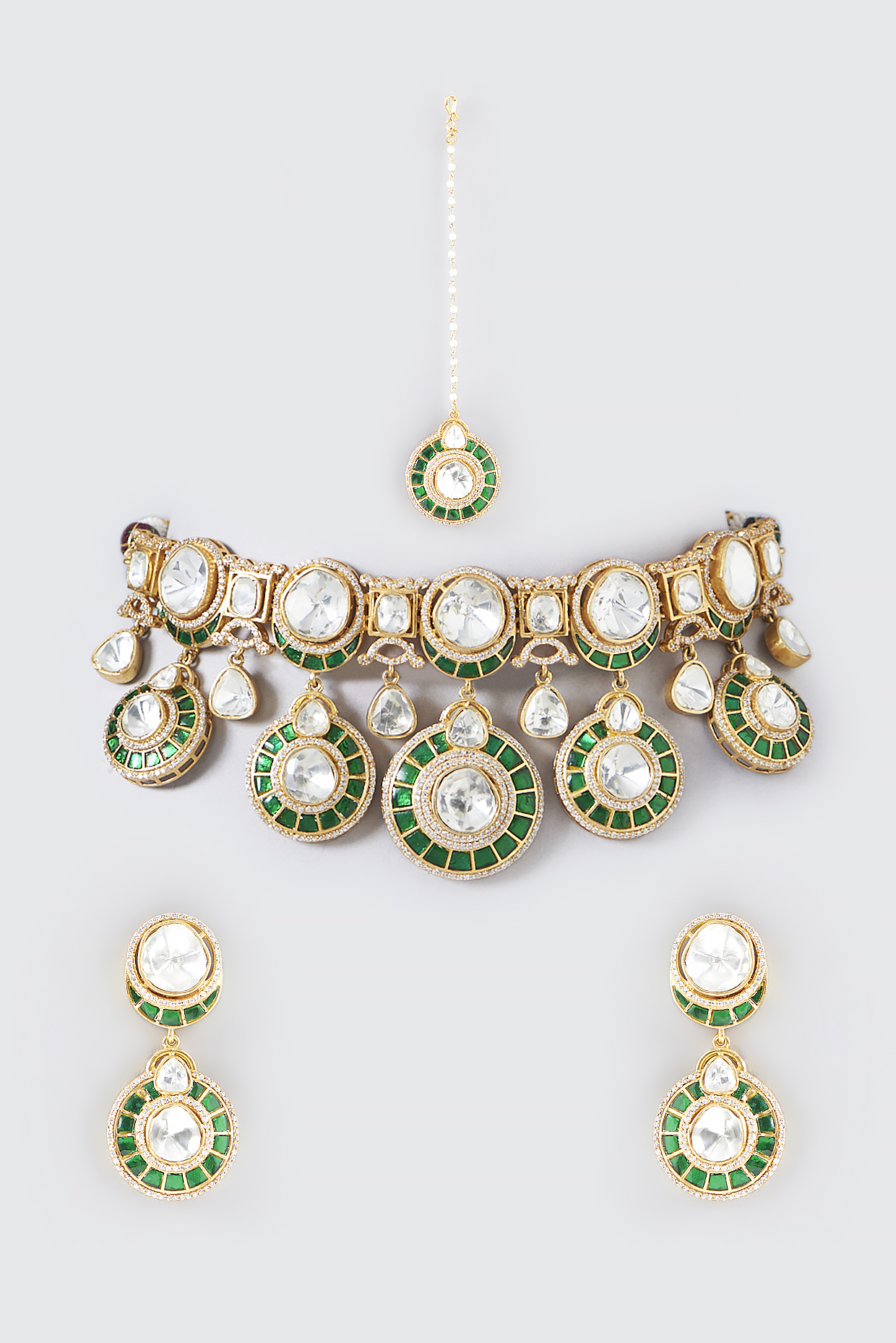 Gold Finish Green Kundan Polki & Semi-Precious Stone Necklace Set by Mortantra