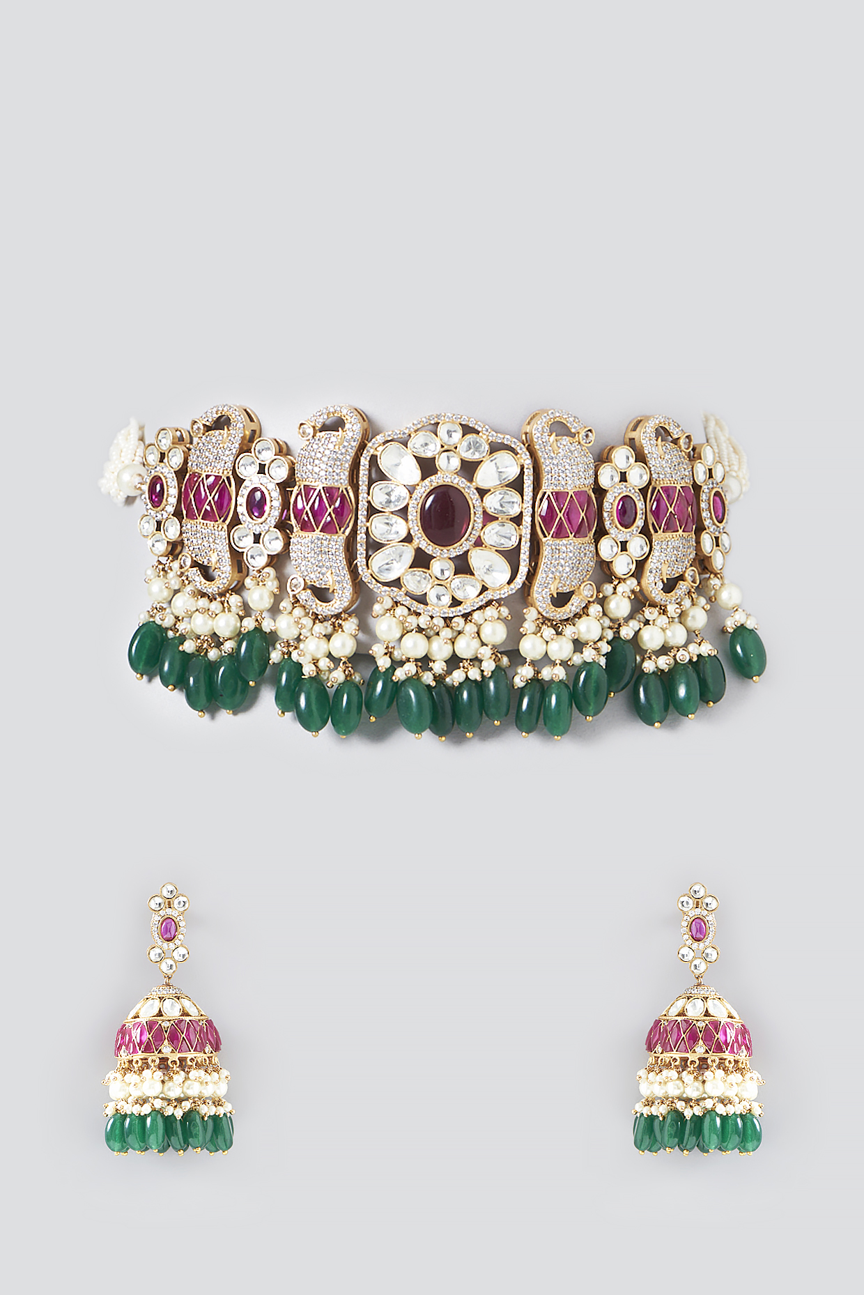 Gold Finish Pink Kundan Polki & Semi-Precious Stone Necklace Set by Mortantra