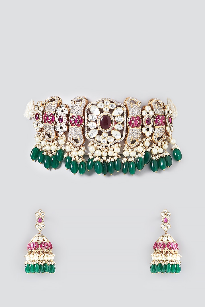 Gold Finish Pink Kundan Polki & Semi-Precious Stone Necklace Set by Mortantra