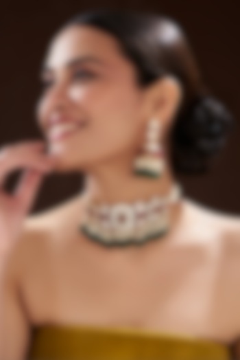 Gold Finish Pink Kundan Polki & Semi-Precious Stone Necklace Set by Mortantra at Pernia's Pop Up Shop