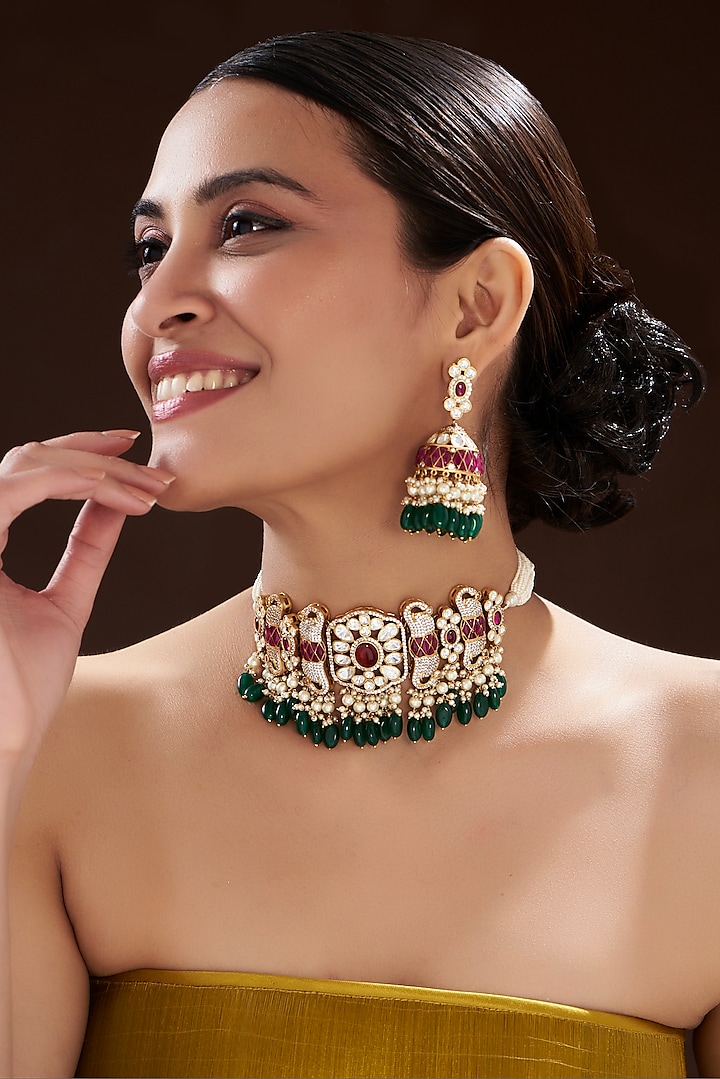 Gold Finish Pink Kundan Polki & Semi-Precious Stone Necklace Set by Mortantra