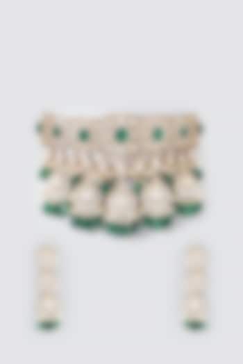 Gold Finish Green Kundan Polki & Semi-Precious Stone Necklace Set by Mortantra