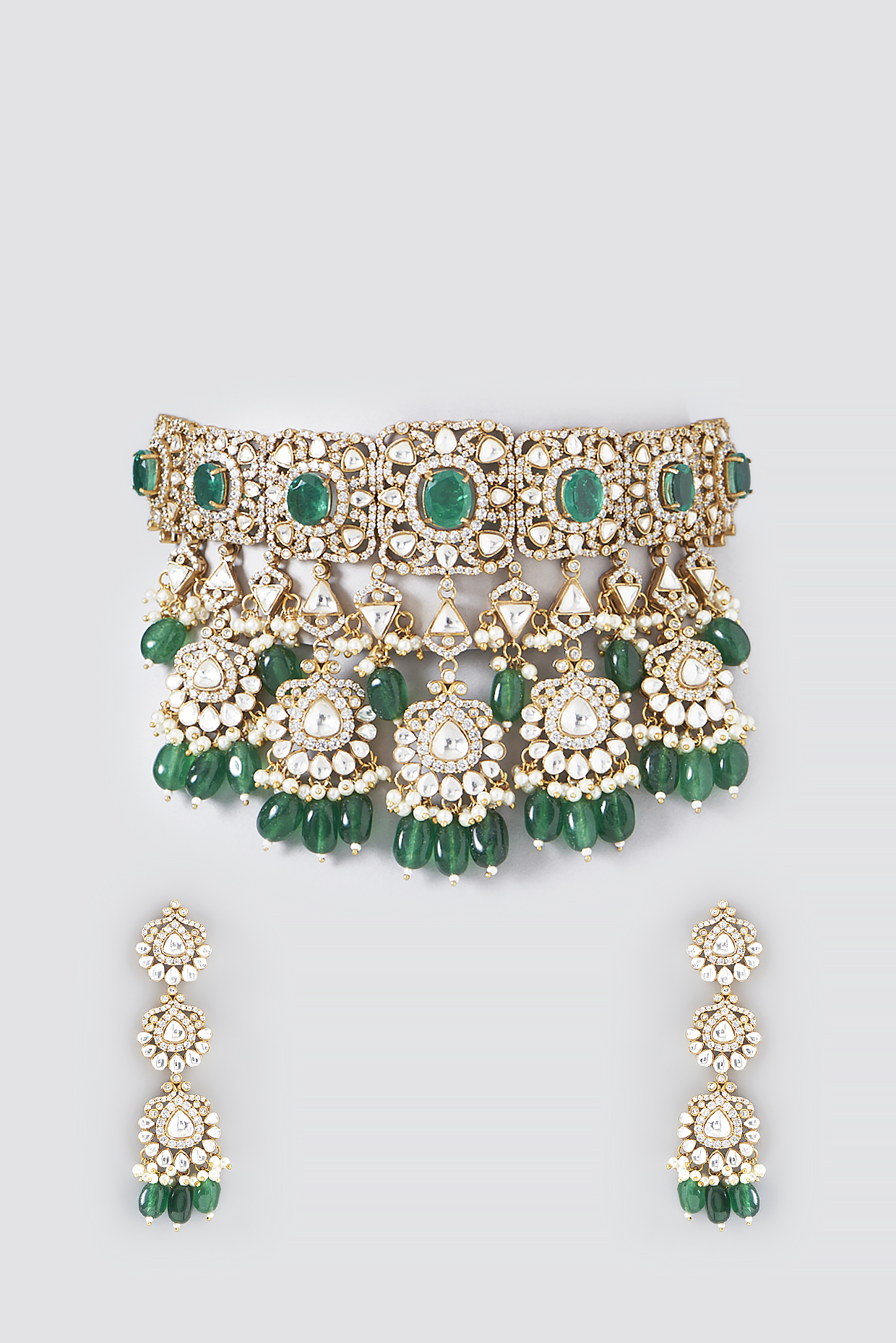 Gold Finish Green Kundan Polki & Semi-Precious Stone Necklace Set by Mortantra