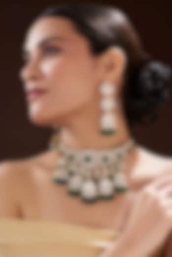 Gold Finish Green Kundan Polki & Semi-Precious Stone Necklace Set by Mortantra
