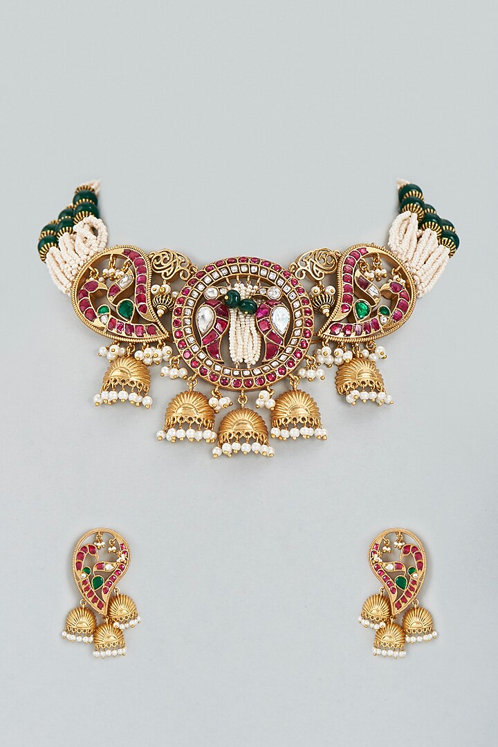 Gold Finish Multi-Colored Stone Choker Necklace Set by Mortantra at Pernia's Pop Up Shop