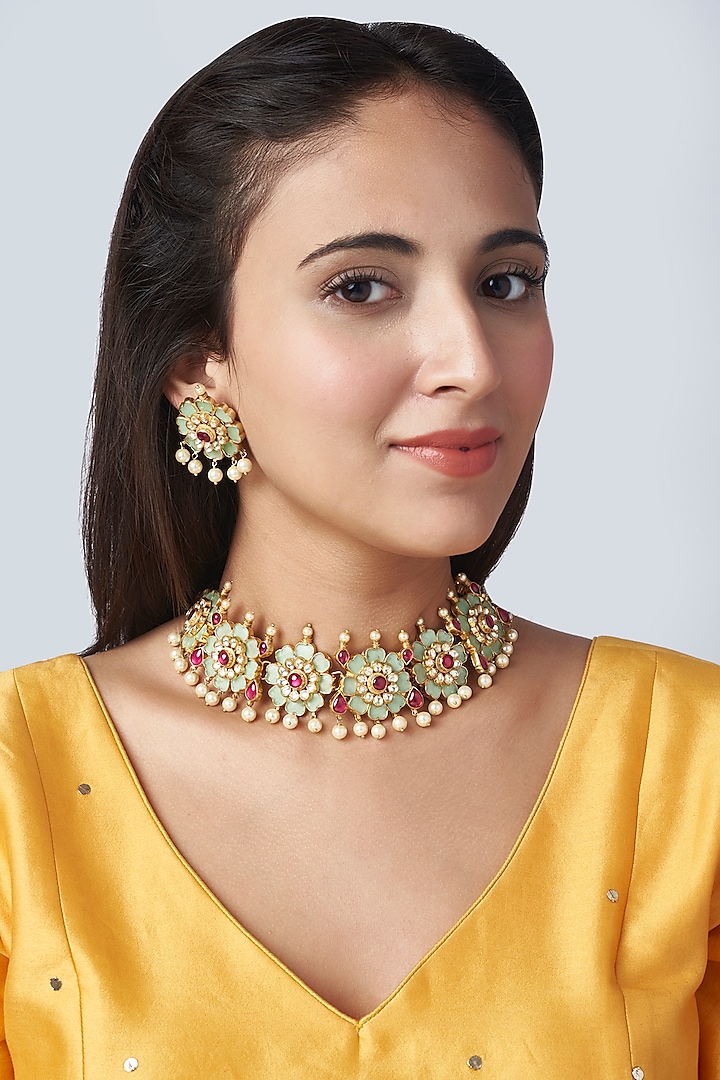 Gold Finish Multi-Colored Stones Choker Necklace Set by Mortantra