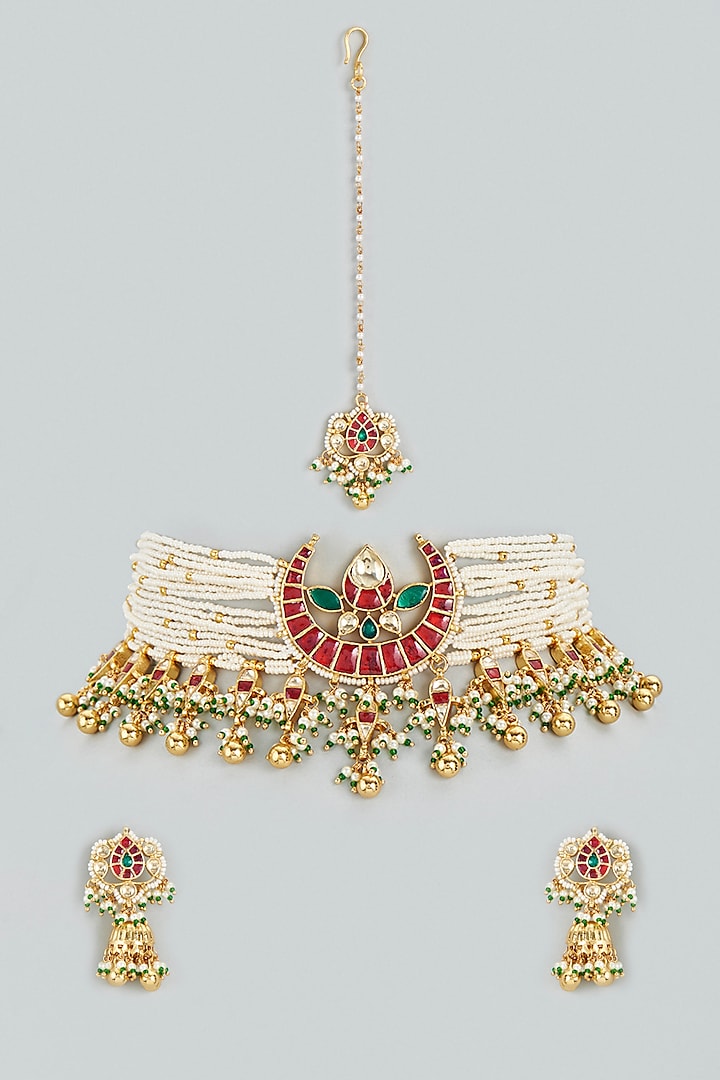 Gold Plated Multi-Colored Semi-Precious Stone Choker Necklace Set by Mortantra
