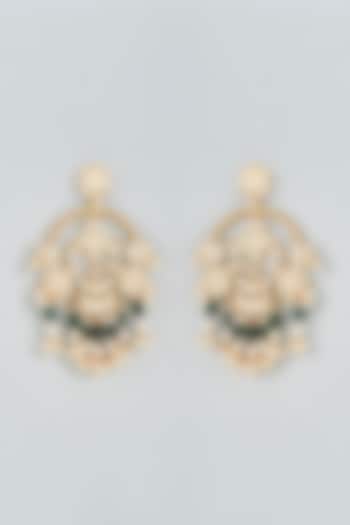 Gold Finish Green Beaded Chandabali Earrings by Mortantra