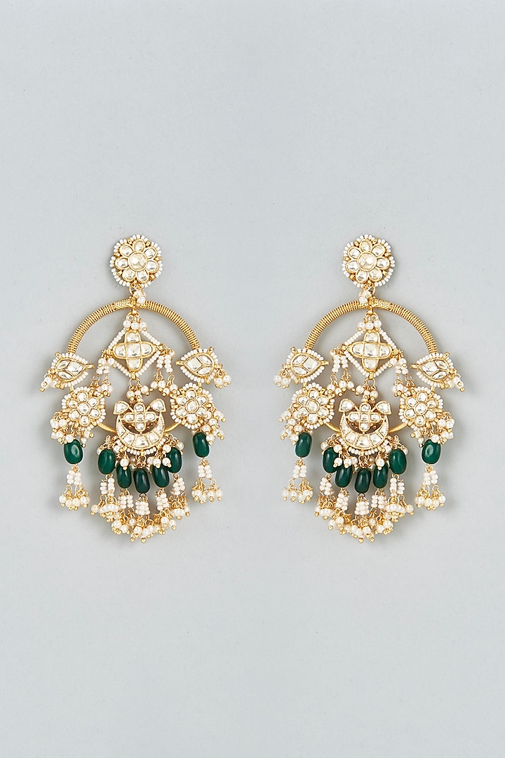 Gold Finish Green Beaded Chandabali Earrings by Mortantra