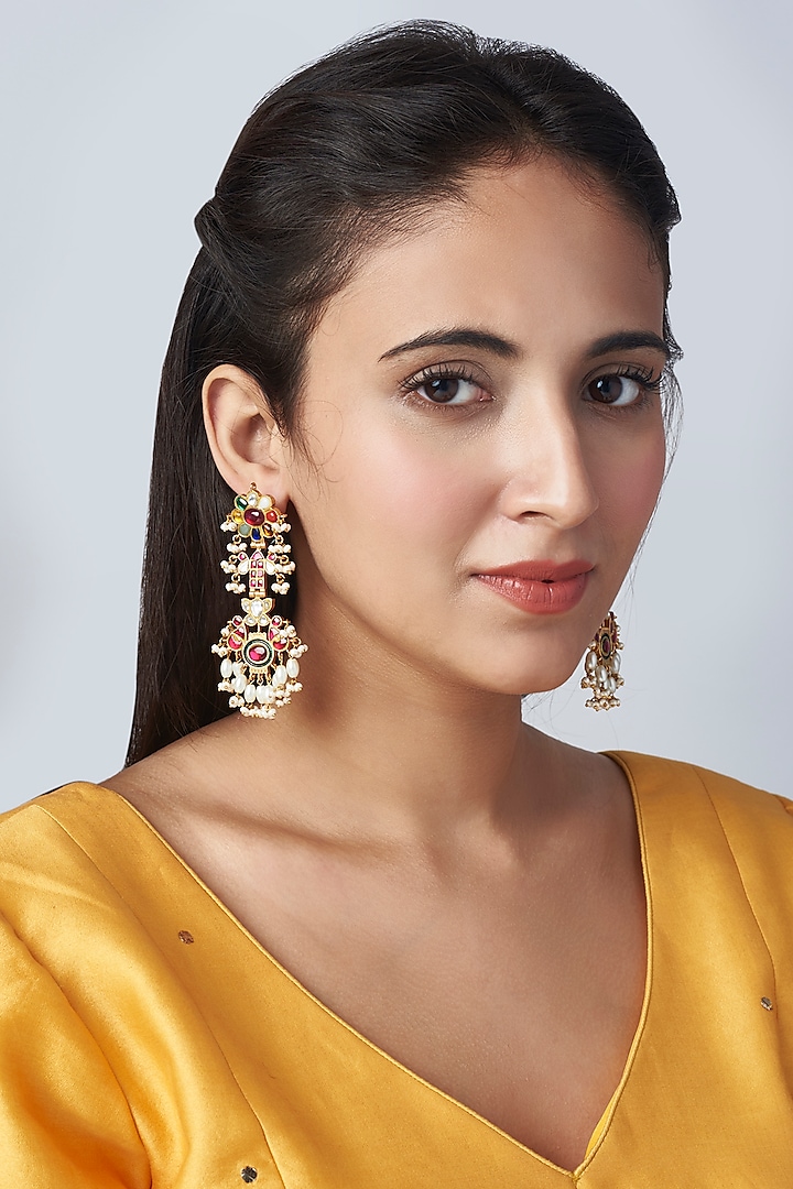 Gold Finish Multi-Colored Stone Dangler Earrings by Mortantra