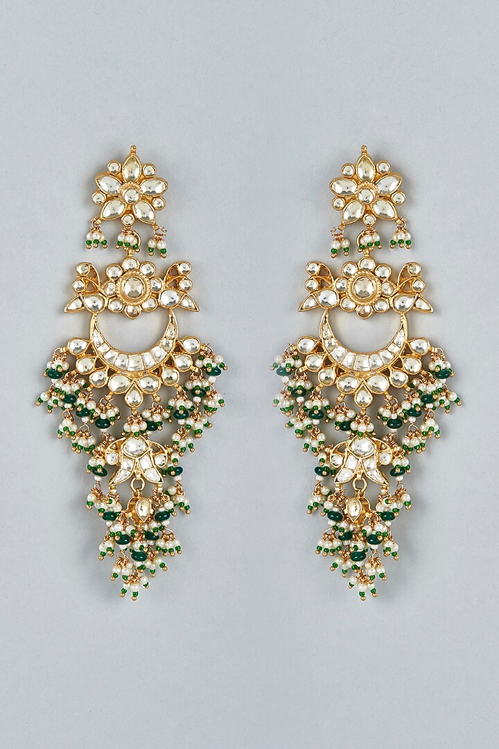 Gold Finish Green Stone Chandabali Earrings by Mortantra at Pernia's Pop Up Shop
