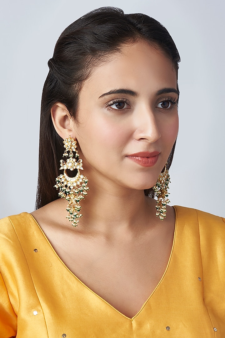 Gold Finish Green Stone Chandabali Earrings by Mortantra