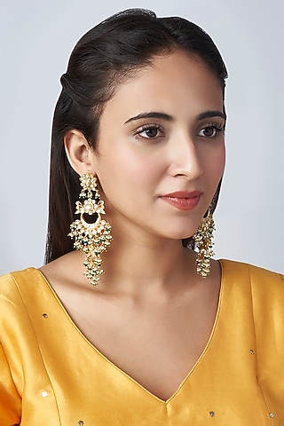 Gold Finish Green Stone Chandabali Earrings by Mortantra