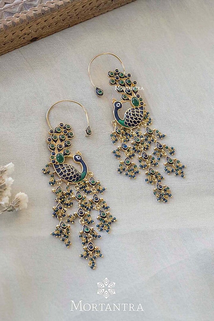 Gold Plated Uncut Polki & Beaded Jadau Dangler Earrings by Mortantra at Pernia's Pop Up Shop