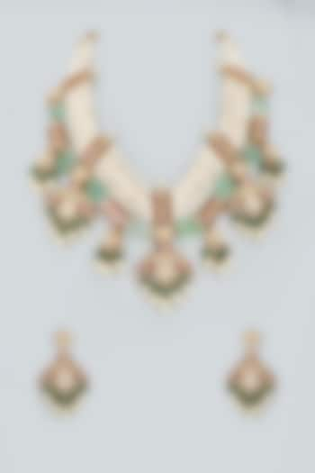 Gold Finish Multi-Colored Stones & Kundan Polki Long Necklace Set by Mortantra