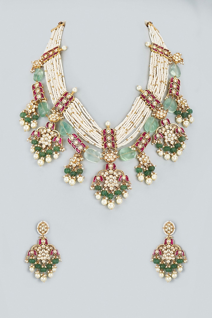 Gold Finish Multi-Colored Stones & Kundan Polki Long Necklace Set by Mortantra