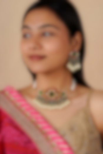 Gold Plated Uncut Polki & Beaded Jadau Choker Necklace Set by Mortantra at Pernia's Pop Up Shop