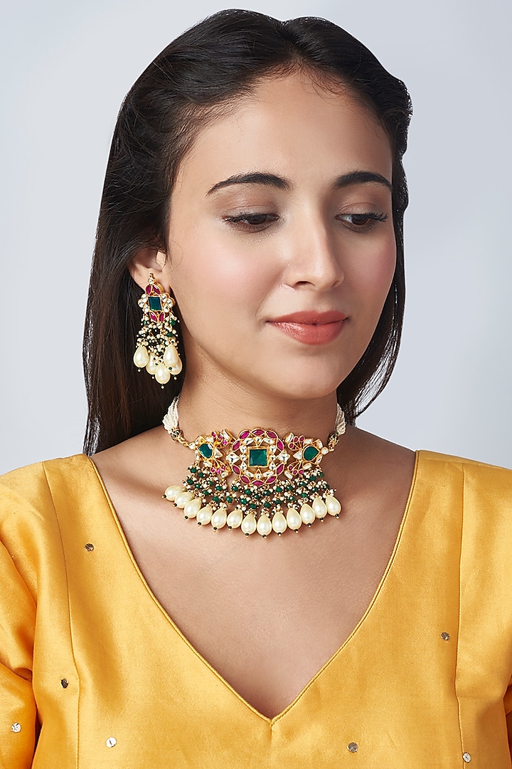Gold Finish Multi-Colored Stones & Kundan Polki Choker Necklace Set by Mortantra