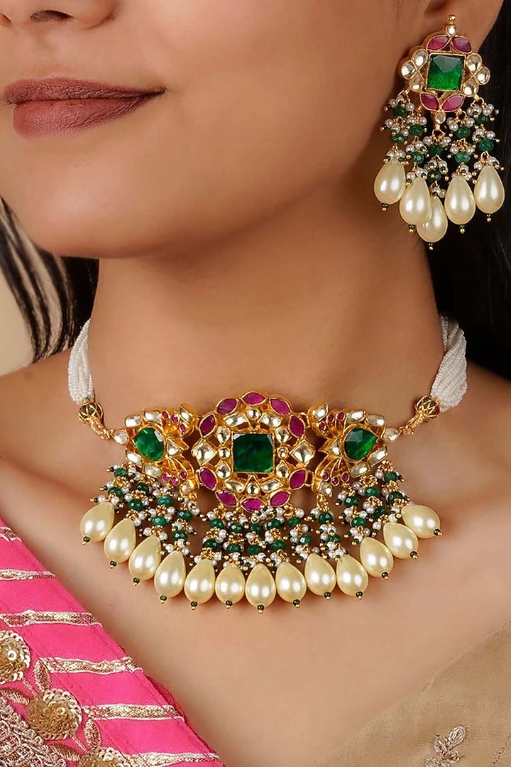 Gold Plated Uncut Polki & Beaded Jadau Choker Necklace Set by Mortantra at Pernia's Pop Up Shop